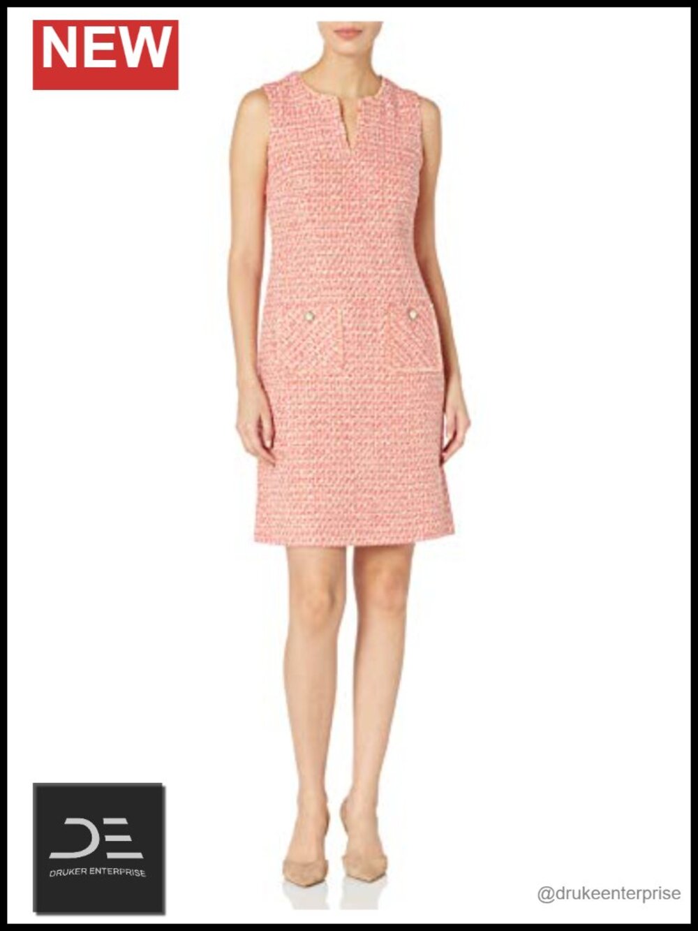 Tweed Shift Dress with Pockets V-Neck Sleeveless Above Knee Casual